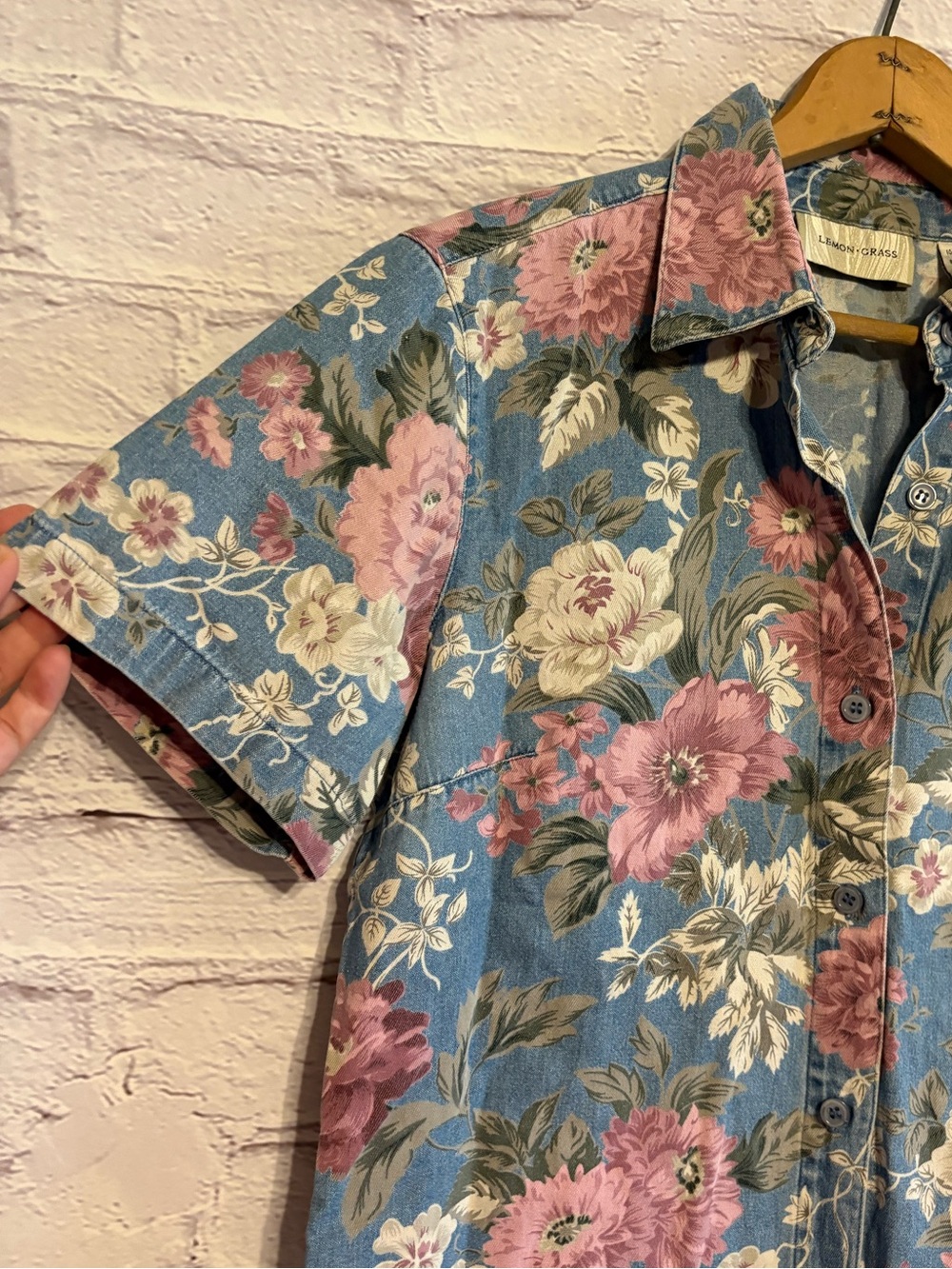 Vintage Lemon Grass Floral Denim Button-Down Shirt - Picture 2 of 6